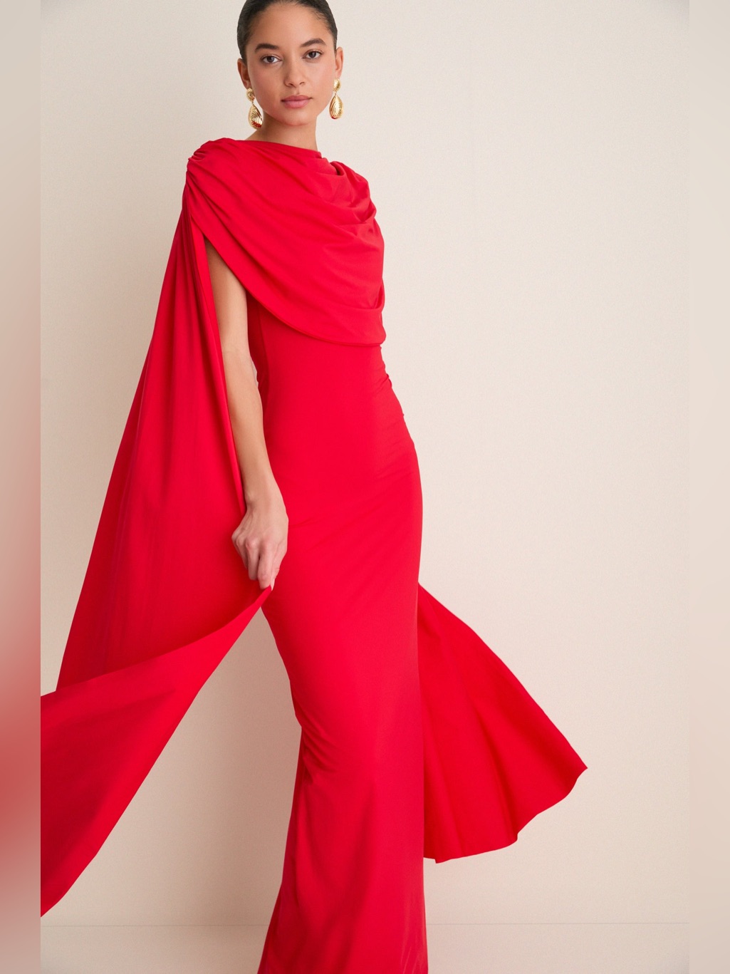 Nwt Maygel Coronel Exclusive Red Batista Long Maxi Cape Dress One Size — image 2 of 8